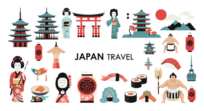 Extensive collection of Japanese travel icons featuring landmarks geisha sushi sumo wrestlers and traditional culture symbols.