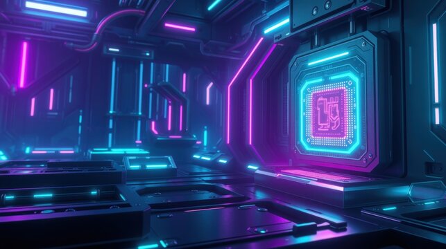 Futuristic corridor. Neon lights illuminate metallic walls, creating vibrant cyberpunk aesthetic. Dark space suggests technology focus.
