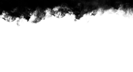 Fototapeta premium Dark black smoke cloud rising in a thick plume across the top edge of this high contrast photographic image showing wispy vapor patterns drifting slowly against a bright stark backdrop.
