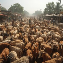 Obraz premium Large group of cows and people in a market setting with trees and buildings