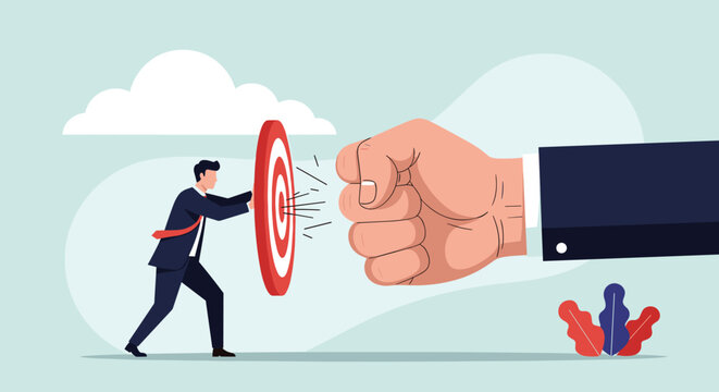 Brave businessman uses a red target shield to push back against a giant clenched fist to represent defending against corporate challenges.