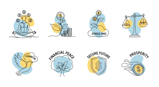 Financial peace and prosperity icon set, secure future and stress-free money management concepts, 8 line art vector illustrations for banking