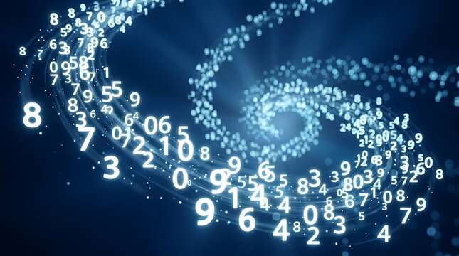 Abstract digital numbers swirling in a dark blue void with light rays