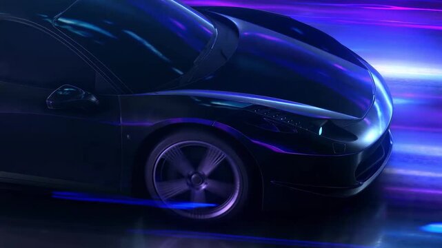 Sleek black sports car racing at night.