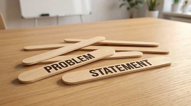Problem statement text on wooden sticks scattered on wooden table, concept for business strategy and solution finding.