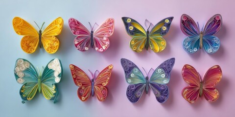 Obraz premium Colorful Handmade Paper Butterflies in Quilling Art Display Featuring Diverse Patterns and Vibrant Colors on a Soft Color Gradient Background