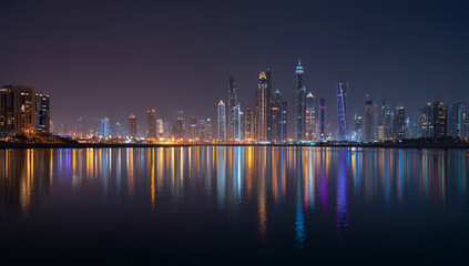Obraz premium A night skyline showcases a city's glittering high-rises and their lights reflecting on calm water