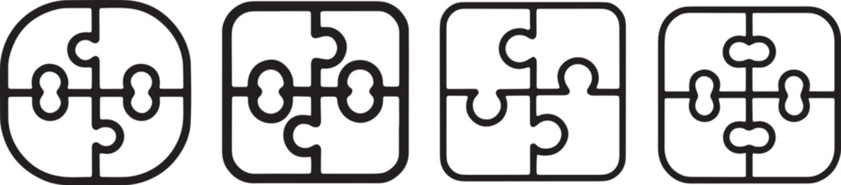 Jigsaw puzzle pieces icons set with parts in outline style on white background problem solving