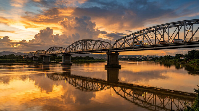 Steel truss river bridge at sunset with dramatic clouds and golden reflections.