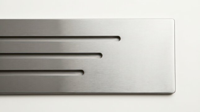 Brushed metal panel with three horizontal inset channels, silver steel abstract background, clean copy space for modern banner header design