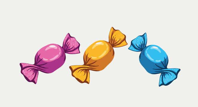 Sweet wrapped hard candies in vibrant pink, orange, and blue wrappers arranged horizontally on a plain background.