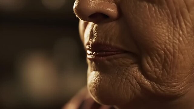 Close-up of an elderly persons face, showing wrinkles and skin texture.
