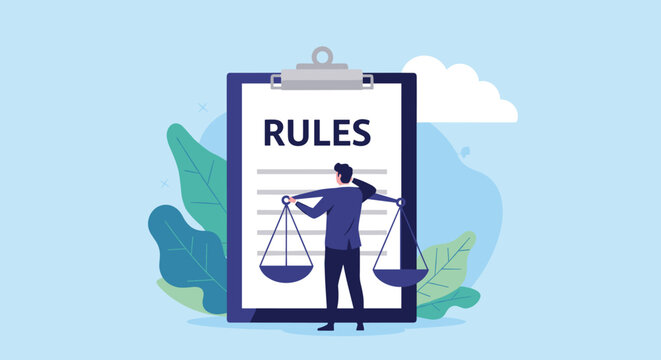 Businessman seen from behind holds balance scales in front of a giant clipboard document titled rules to show compliance.