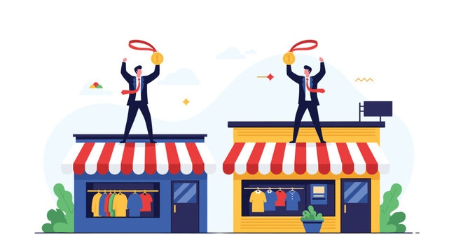 Two successful shop owners stand on the roofs of their blue and yellow storefronts holding up gold medals in triumph.