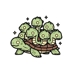 Seven cartoon turtles stacked together. © visual
