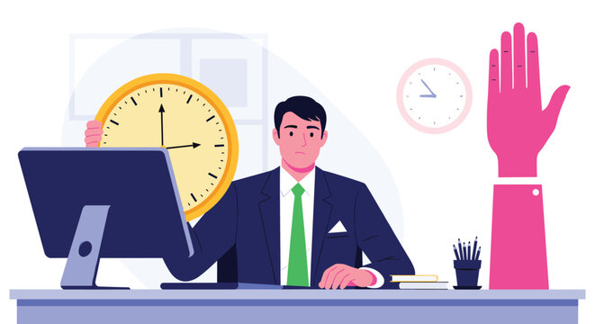 Overwhelmed businessman at his desk holding a giant clock while a massive pink hand makes a stop gesture to halt work.