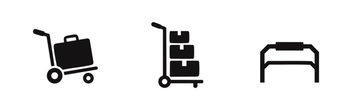 Set of Hand Truck with Luggage and Walker Icons Isolated on White