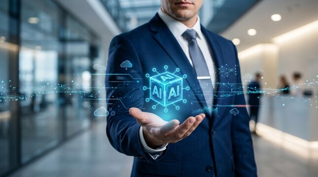 Businessman holds a glowing artificial intelligence icon inside a corporate office. Suitable for technology, ai, business, and office relate concepts. Professional, futuristic,  innovative corporate