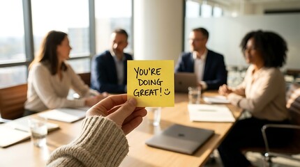Obraz premium Hand holding yellow sticky note with 'you're doing great' message in office meeting room blur background people working at table laptop collaboration teamwork encouragement positivity success.