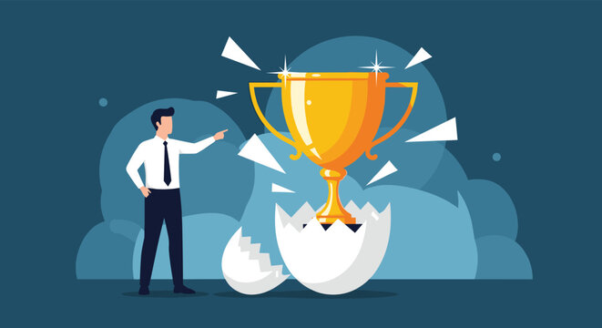 Surprised businessman looking at a massive gold trophy that has just recently hatched from a giant white eggshell.