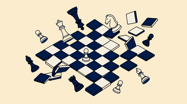Isometric chess board with floating pieces and scattered squares.