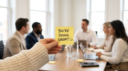 Fototapeta premium Hand holding yellow sticky note with 'you're doing great' message in office meeting room blur background people working at table laptop collaboration teamwork encouragement positivity success.
