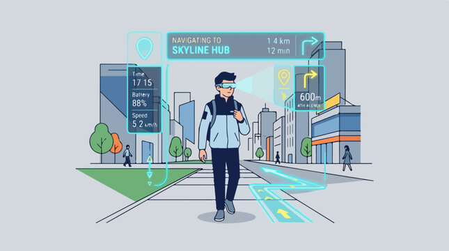 Man using augmented reality smart glasses for city navigation and digital information display in futuristic urban environment.