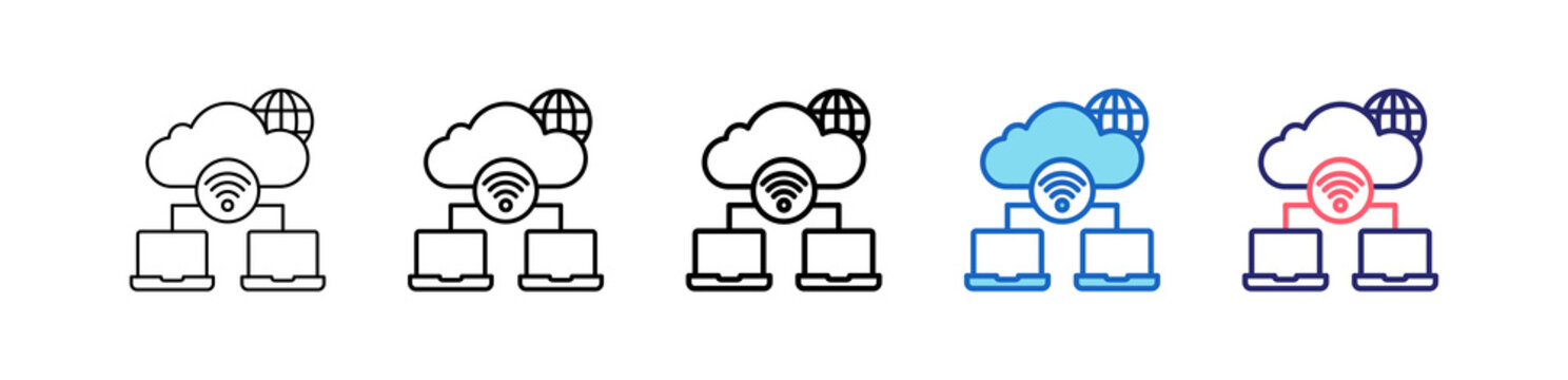 Cloud Network Icon In 5 Different Styles Set Collection.   