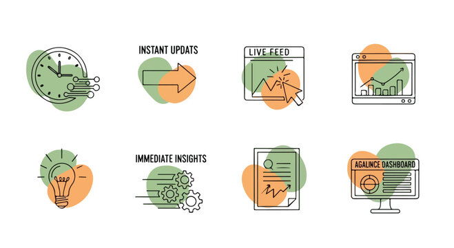 Modern business analytics icon set, 8 flat line vector elements for real-time data and instant updates, professional dashboard and live feed graphics