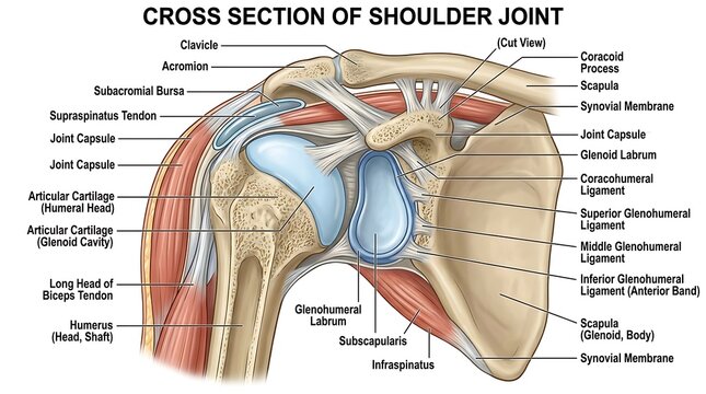 Cross-section of human shoulder joint anatomy with shoulder