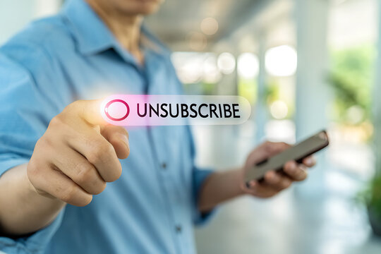 User pressing unsubscribe button on smartphone, representing subscription cancellation, recurring billing control, and account management with digital platform settings and payment termination process