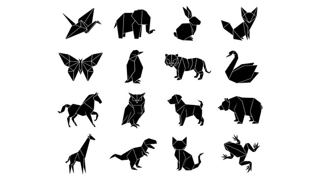 Animal silhouettes polygon set featuring cat, dog, horse, bird, and butterfly shapes with sharp geometric facets