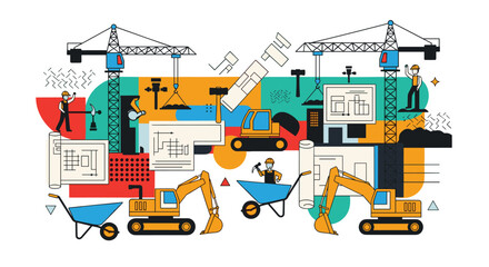 Naklejka premium Busy construction site scene with tower cranes, excavators, workers, blueprints, and building materials in stylized geometric architectural style.