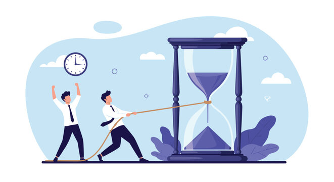 Two dedicated business professionals work together to pull a rope tied around a large hourglass to buy more time for their project.
