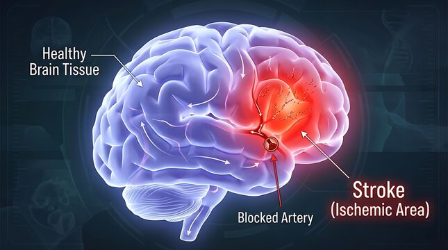 Human brain illustrating stroke and blocked artery