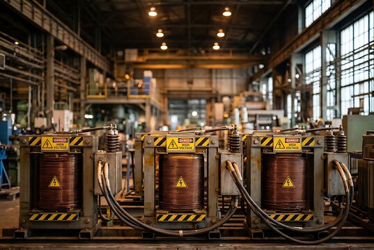 Industrial electrical transformers with warning signs in factory workshop background, heavy industry power equipment and high voltage danger.