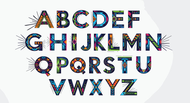 Full alphabet from A to Z designed with intricate tribal patterns and vibrant colors for creative typography and ethnic themed projects.