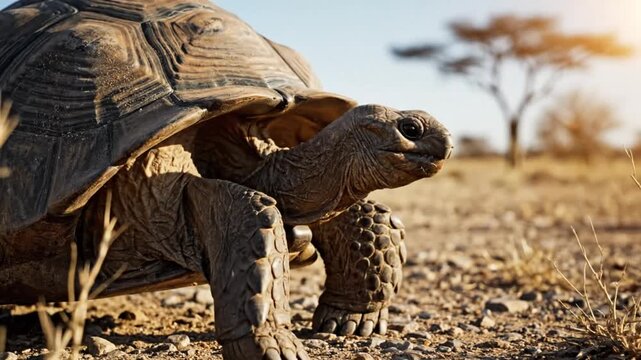 Close-up of a giant tortoise walking slowly over dry, rocky ground on a sunny day