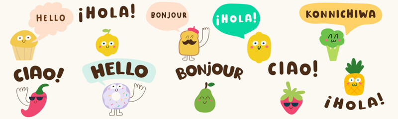 Cute food characters international greeting bundle for kids foreign language learning school posters © Igor