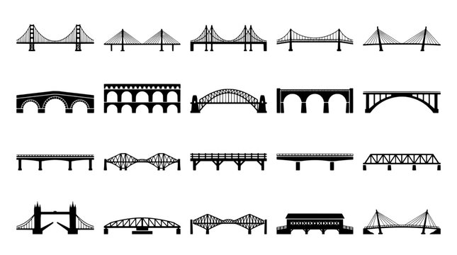 Bridge icons collection with vintage line art bridge silhouettes, arches, trusses, and structural spans on transparent background