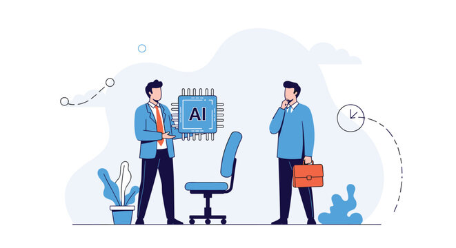 Two businessmen meeting in office environment discussing artificial intelligence implementation with computer chip symbol.