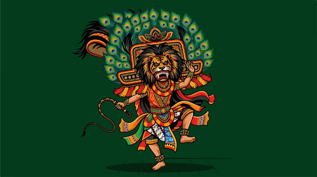 Traditional Indonesian Reog Ponorogo Dance Illustration with Lion Mask and Peacock Feathers.