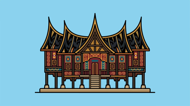 Traditional Rumah Gadang Minangkabau House Vector Illustration on Blue Background.