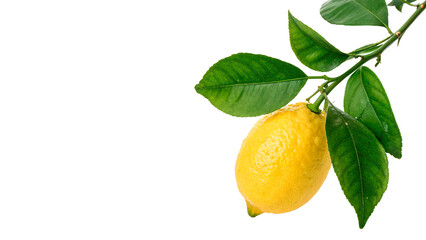 A branch of fresh green lemon tree leaves holding a single ripe yellow lemon isolated on transparent background © Arina