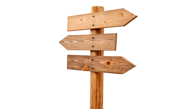 A rustic old wooden directional signpost with multiple blank arrows pointing paths isolated on transparent background