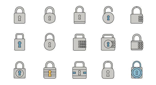 Extensive set of padlock icons including keyhole locks and combination dials in different shapes and shades for security and privacy concepts.