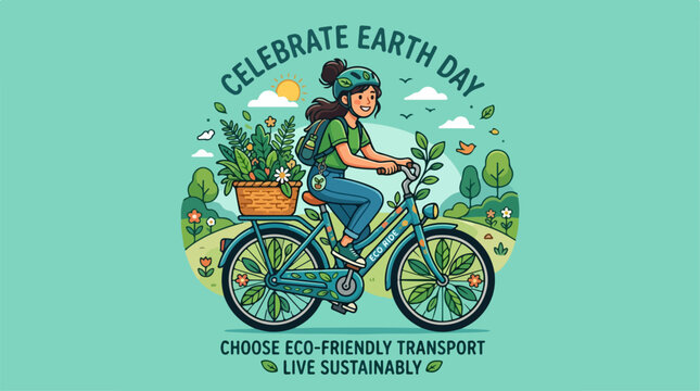 Woman riding bicycle with plants for Earth Day sustainability concept.