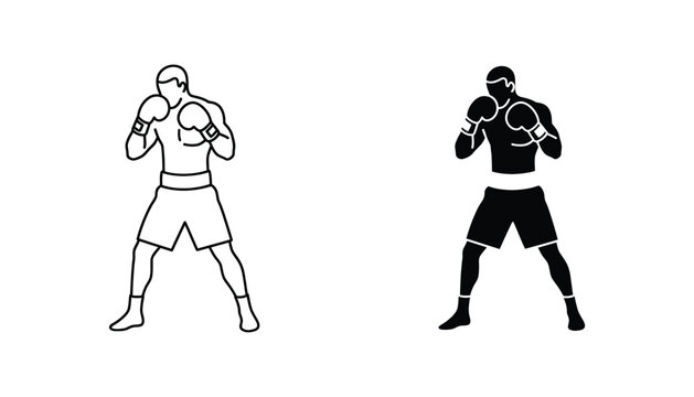 Professional male boxer standing in fighting stance vector icon set in outline and solid black silhouette style for sports gym or boxing club branding assets isolated on white background