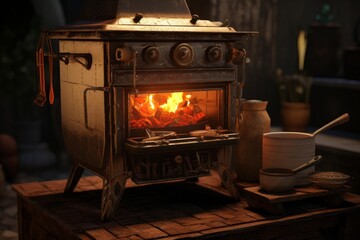 Fototapeta premium Vintage stove with a vibrant fire, creating a cozy atmosphere