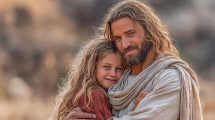 Fototapeta premium Jesus tenderly embracing a child, biblical scene of love, compassion, and care, warm and gentle atmosphere, sacred and heartwarming